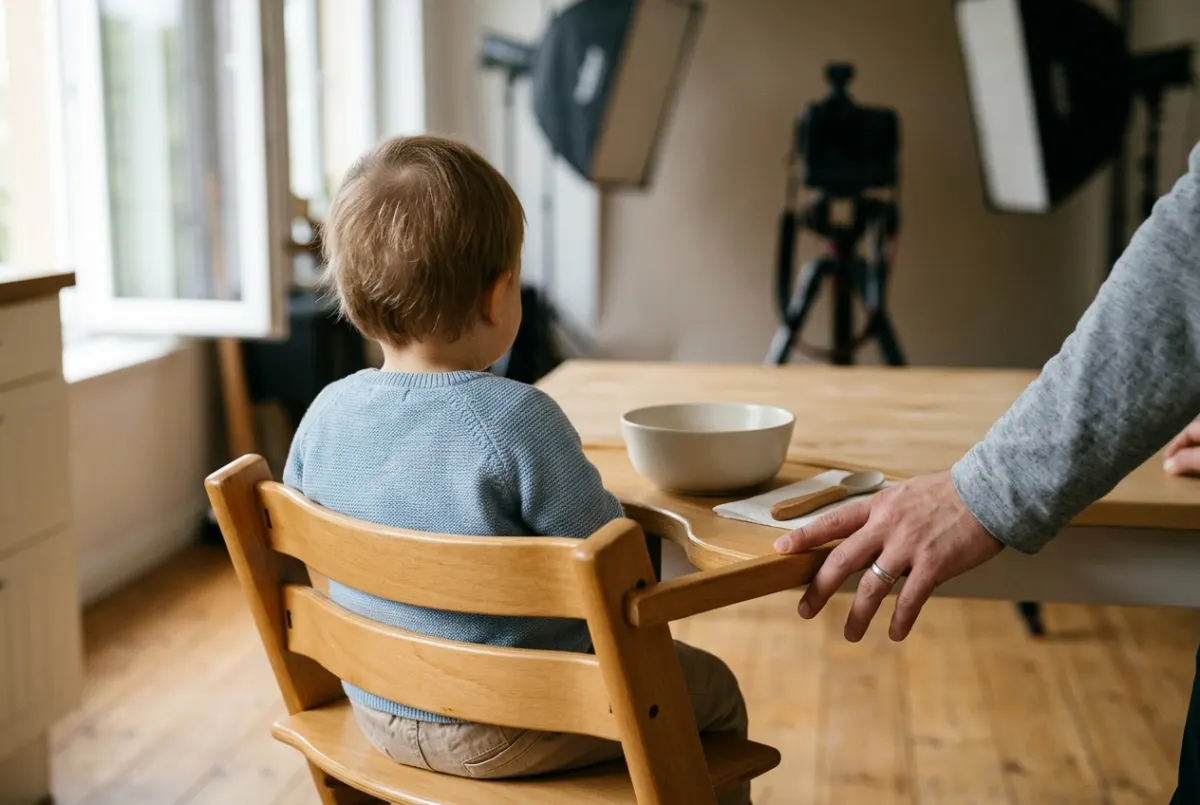 Mama reklamı çekiminde mama sandalyesinde oturan bebek oyuncu, arkadan görünüm